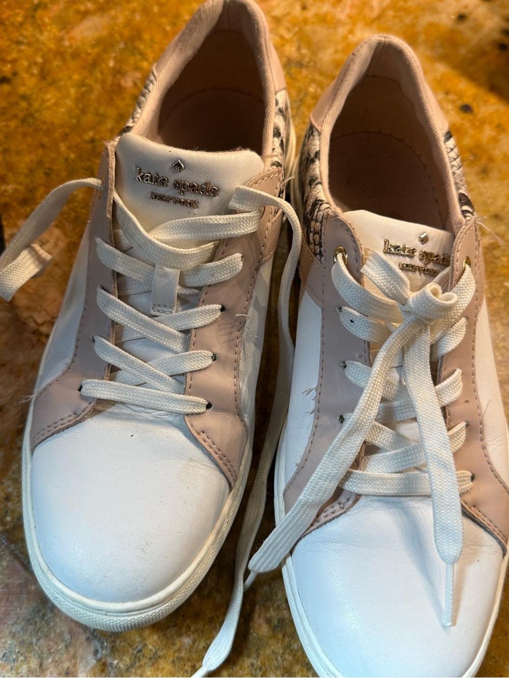 kate spade White and Blush Leather Low-Top Sneakers